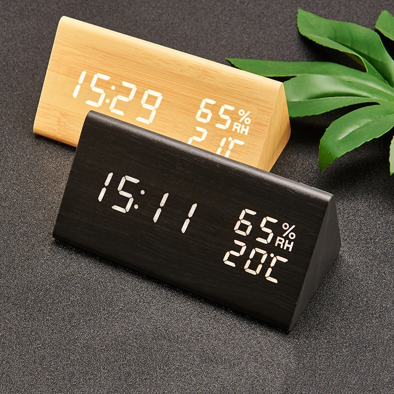 Multicolor Alarm Clock LED Wooden Watch Table Voice Control Digital Wood Despertador USB/AAA Powered Electronic Desktop Clocks