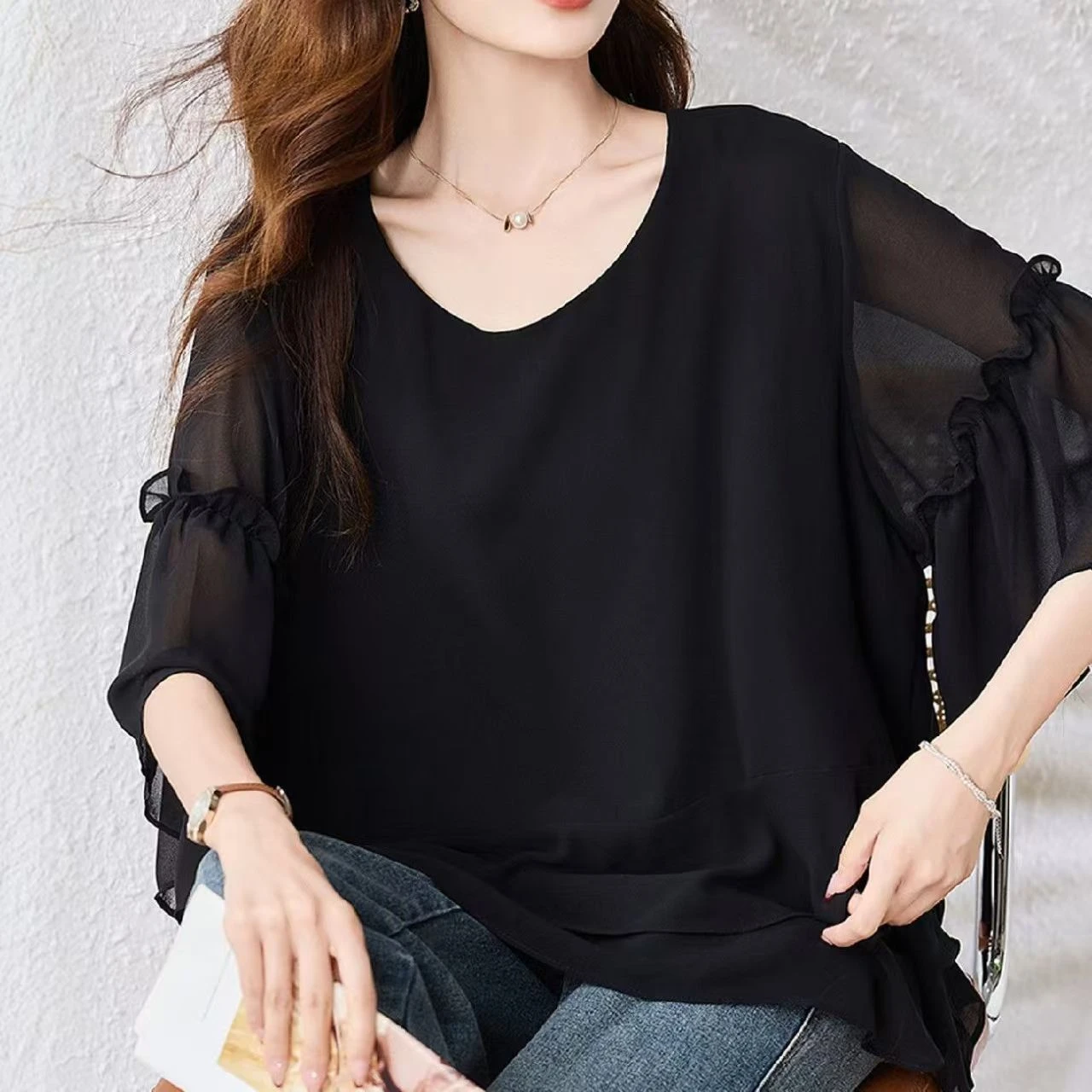 Black Oversized Women's Chiffon Shirt Spring 2026 New Style Baby Doll Top Belly Covering Asymmetrical Lace Trim Korean Style