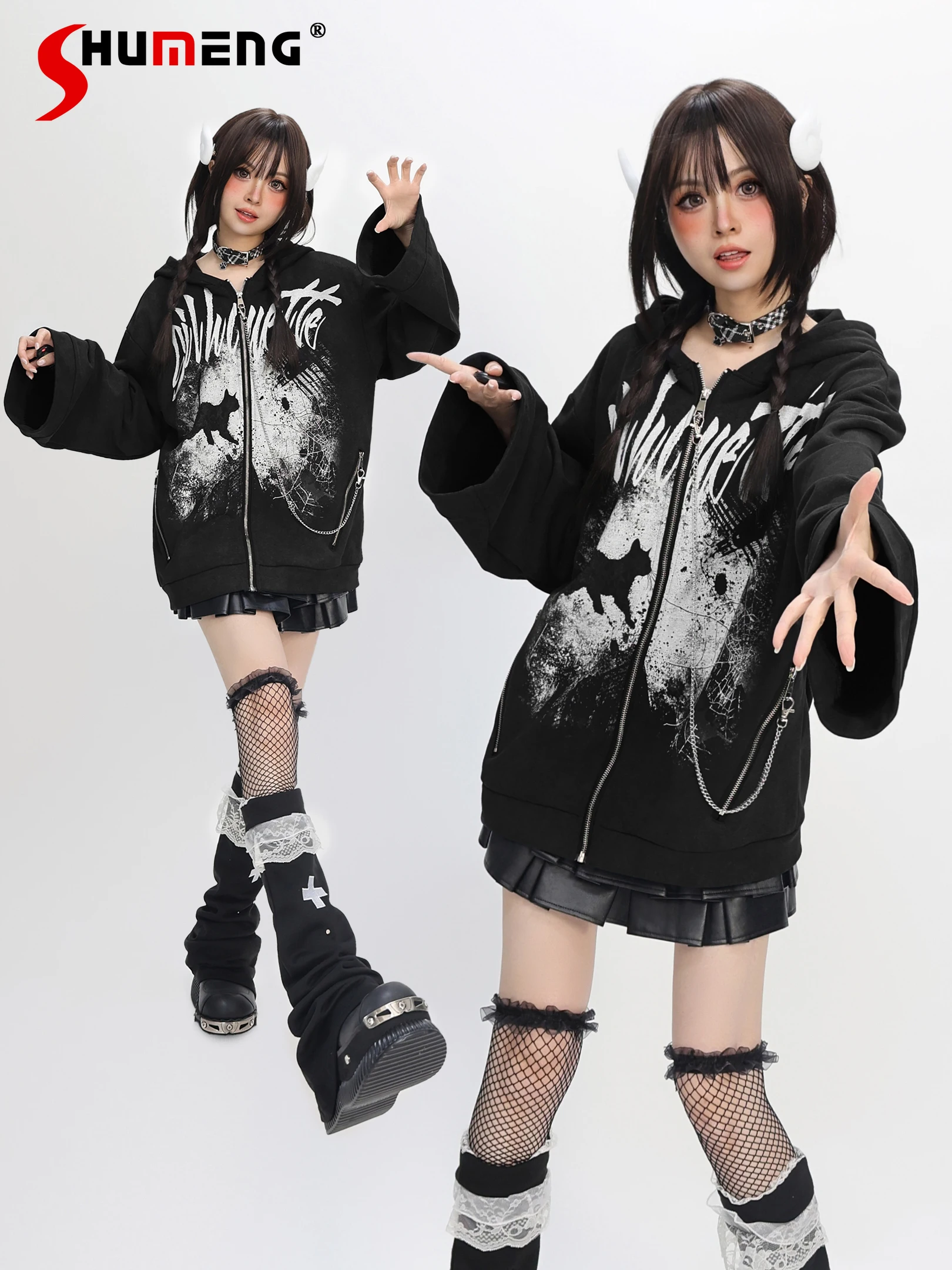 Original Japanese Style Sweet Cool Girl Y2K Hoodies Tops Loose Hooded Sweet Cool Zipper Fleeced Sweatshirts Jacket Women Autumn