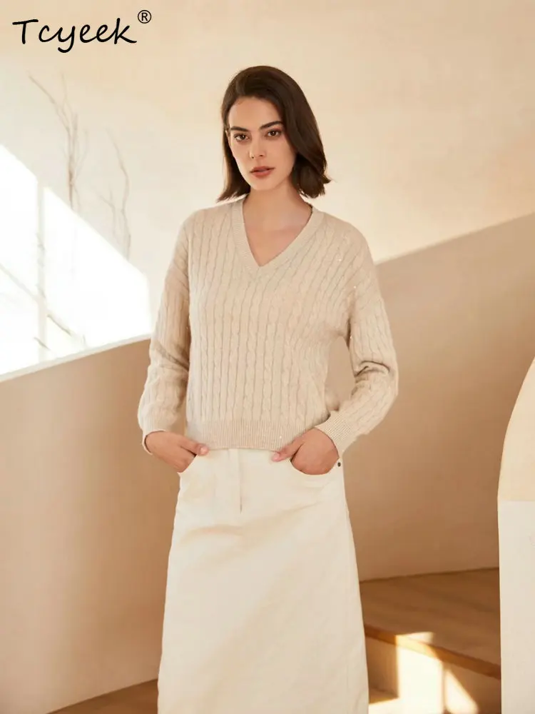 

Tcyeek, 100% Wool Sweater, Women's V-neck Retro Pullover Sweater, Versatile Knit Sweater, 2024 Autumn/winter New Top T48013KS