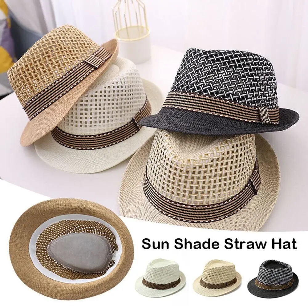 New Trilby Straw Fedora Hat Breathable Beach Straw Sun Hat Short Brim Floral Hat Man Summer Outdoor Panama Caps Adult Kids ﻿