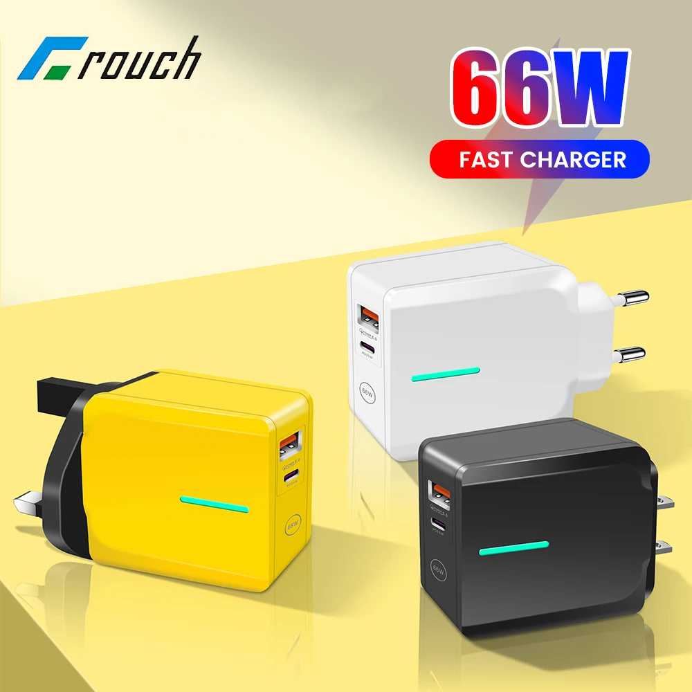 Dual Port 66W USB Type C Charger Fast Charging EU/US/UK Plug Adapter For iphone Huawei Xiaomi Samsung Cell Phone Charger