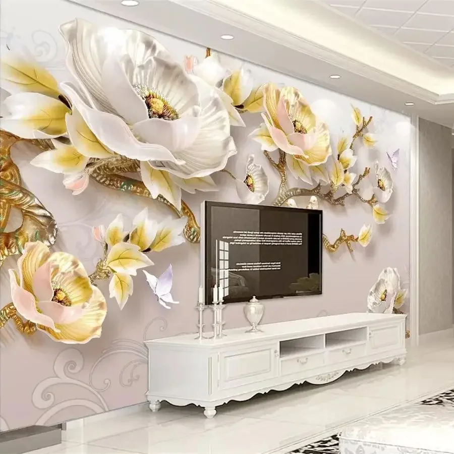 Custom wallpaper 3D photo mural modern embossed peony new Chinese tv background wall rural style flower and bird pattern murals