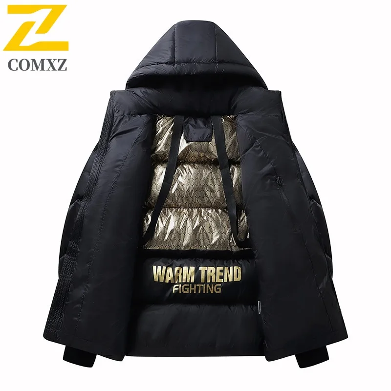 COMXZ 2025 Men Women Black Gold Quilted Jacket Detachable Hood Graphene Lining Decorative Straps Thickened Winter Coat