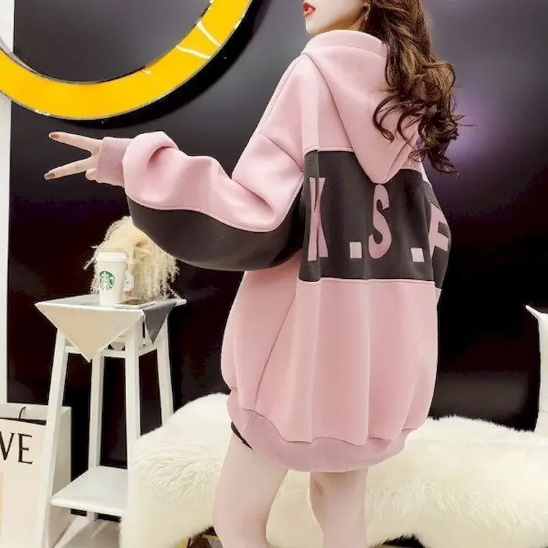 Plush Thicken Hoodies Women Fashion Patchwork Hooded Coats Autumn Winter Trendy Korean Loose Hoodie Y2k Clothes Womens Tops