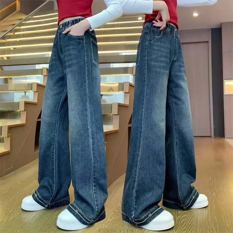 Korean Children Flared Jeans for Teenage Girl High Fashion Luxury Bootcut Denim Pants Kids Casual Trousers 4 6 8 10 12 14Y