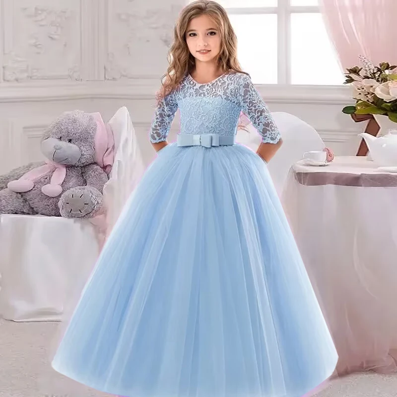 3-12 Year Old Baby Dress Birthday Party Girl Princess Dress Bow Fluffy Lace Flower Girl Wedding Dress Girl Elegant Evening Dress