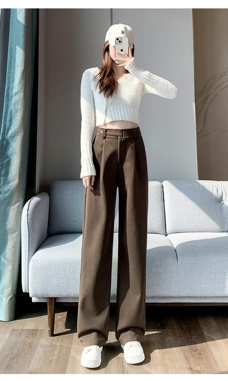 Brown Woolen High-end Suit Pants for Women in Autumn and Winter 2023 New Narrow Version Straight Wide-leg Pants with Drape