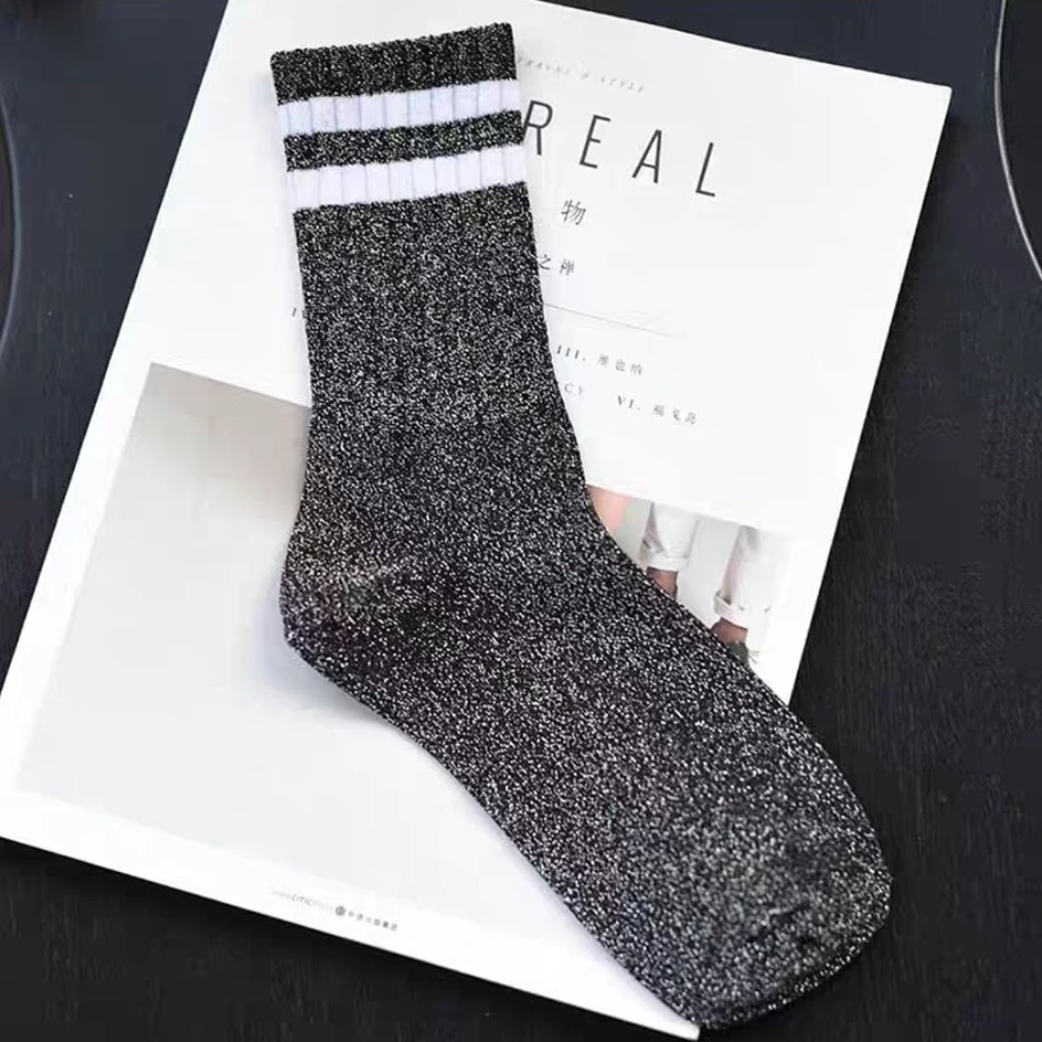 Stripe Glitter Socks For Women Fashion Harajuku Filigree Stockings Female Lingerie Shiny Bright Silk Loose Socks Girl Streetwear