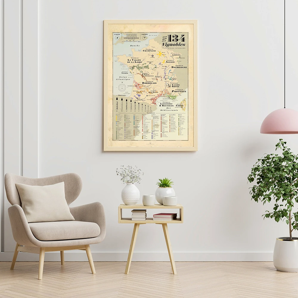 Vines Map of France Old School Retro Map Europe City Wall Art Poster Print Kids Education Quote Room Home Decor Canvas Painting