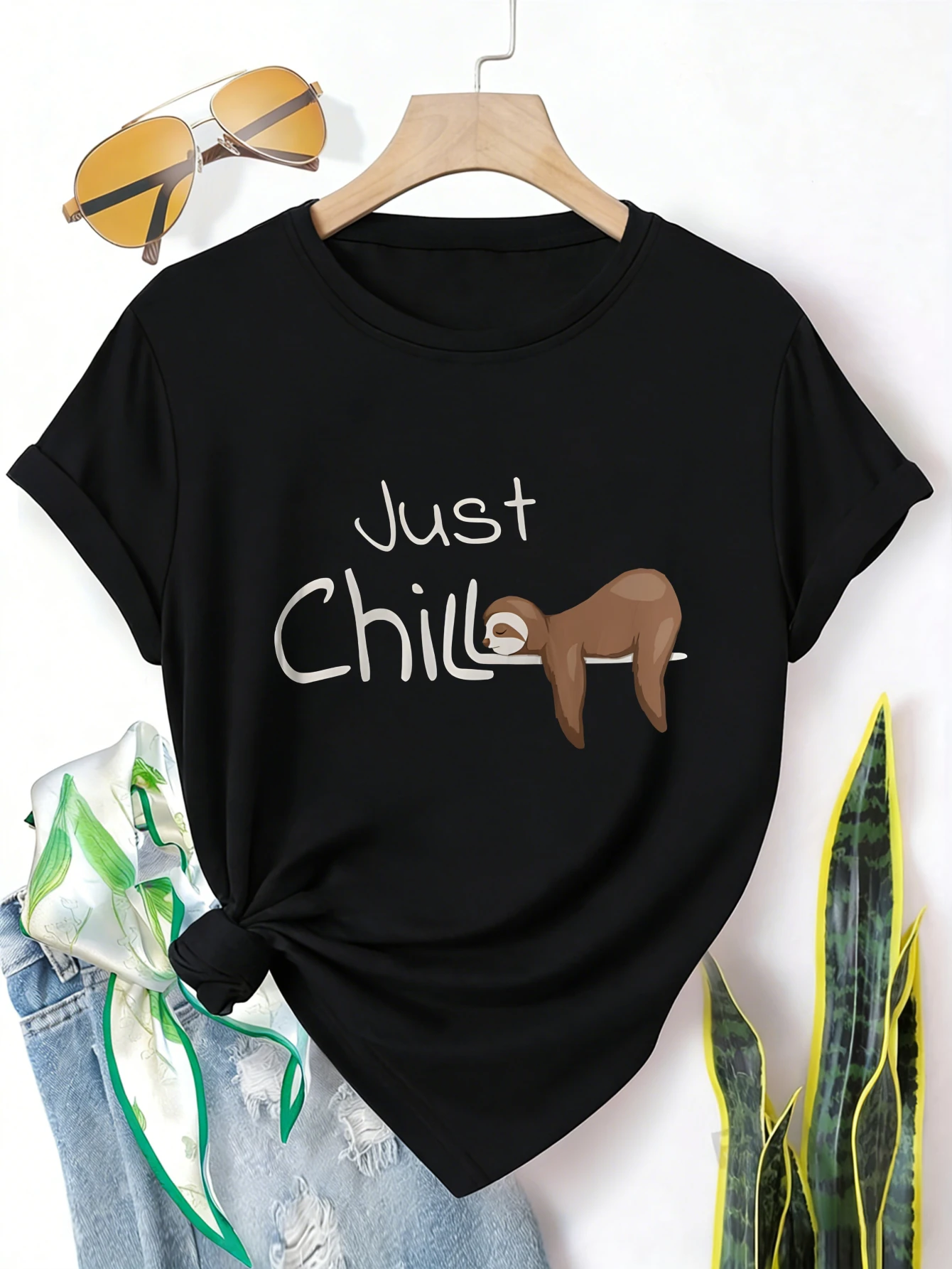 

Plus size women's short sleeve T-shirt Just Chill Sloth Print breathable fabric summer outfits women's clothing