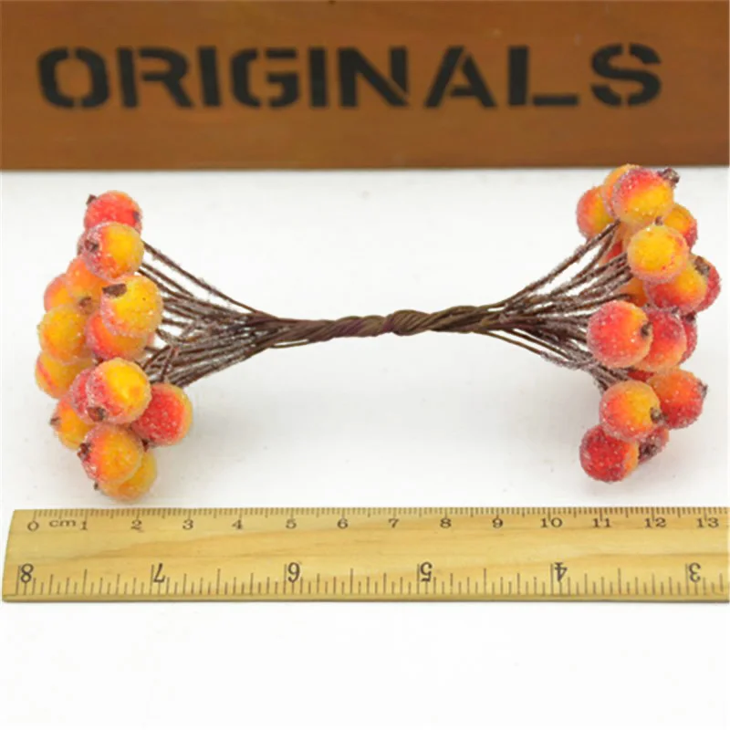 40pcs/80heads Mini Artificial Fruit Fake Double Heads Glass Berries Red Cherry Bouquet Stamen For Wedding Christmas Decorative