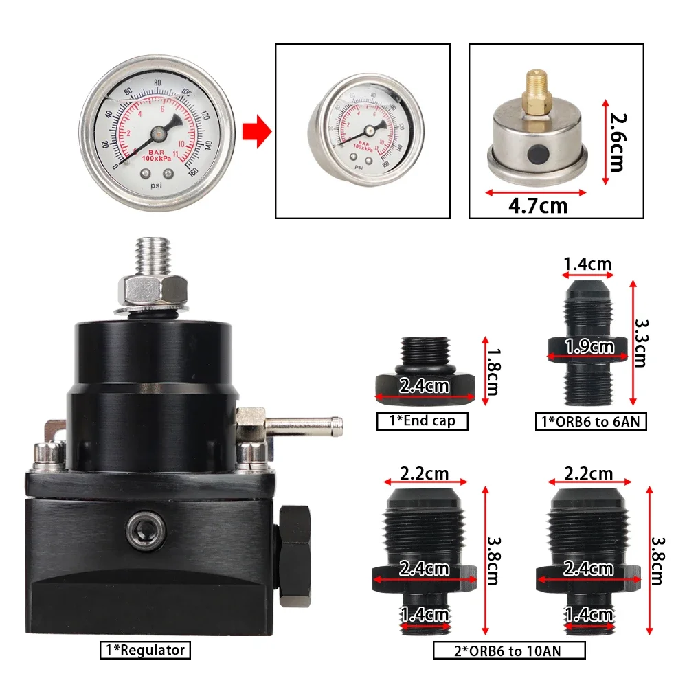 High Pressure Adjustable Fuel Pressure Regulator Oil Gauge With AN8/10 Feed Fitting & AN6 Return Line Fitting & AN8/10 End Cap