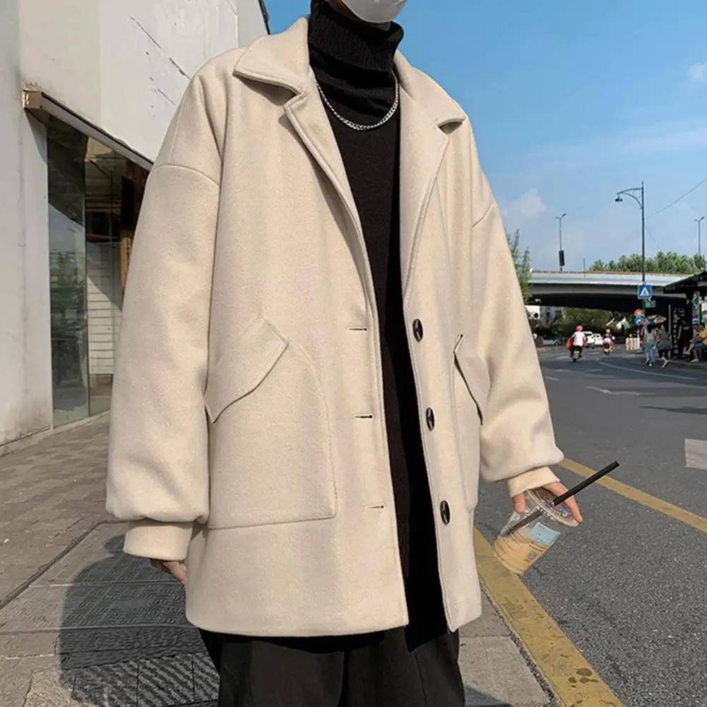 High Elasticity Coat Solid Color Overcoat Men's Woolen Lapel Coat with Single Breasted Closure Mid-length Fit Pockets for Winter