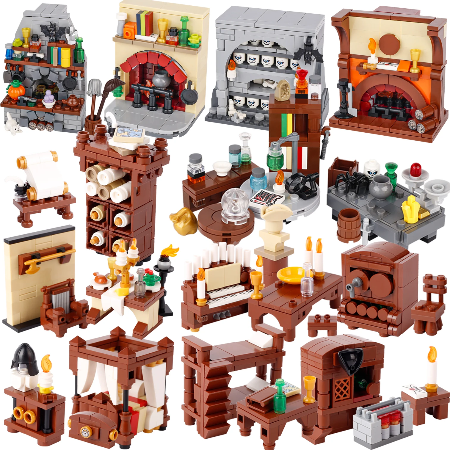 MOC Medieval Furniture Scrolls Cabinet Building Blocks Tavern Piano Bookshelf Parchment Paper Map Ink Quill Bricks Toys Boy Gift