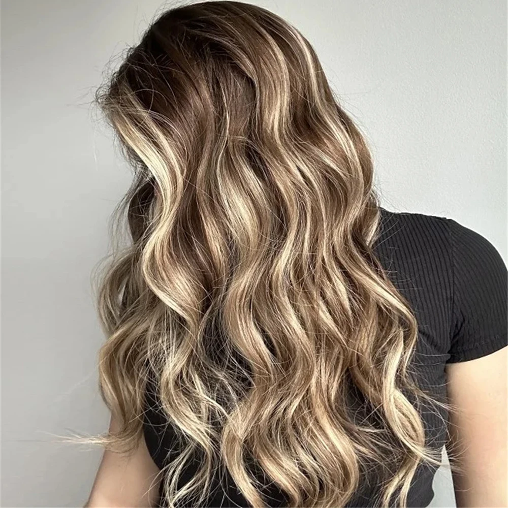 150%Density Highlights Brown Smoky Beige Blonde Wig Synthetic Hair Lace Front Wig Neutral Blonde Ombre Wig for Women Daily Party