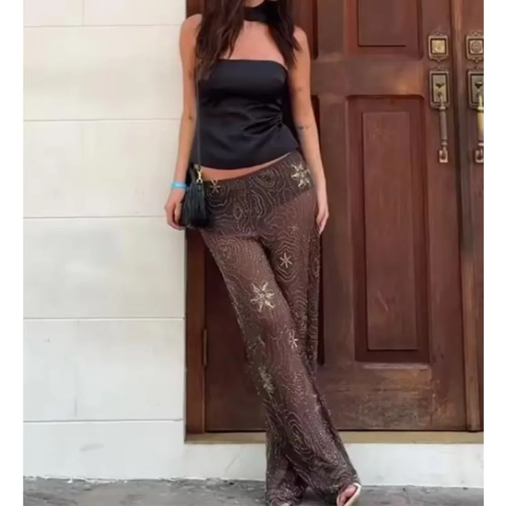 

2025 Sexy Perspective Diamond Women's Pants Fashionable Bead Embroidered Low Waist Female Long Pant Summer Chic Casual Trousers