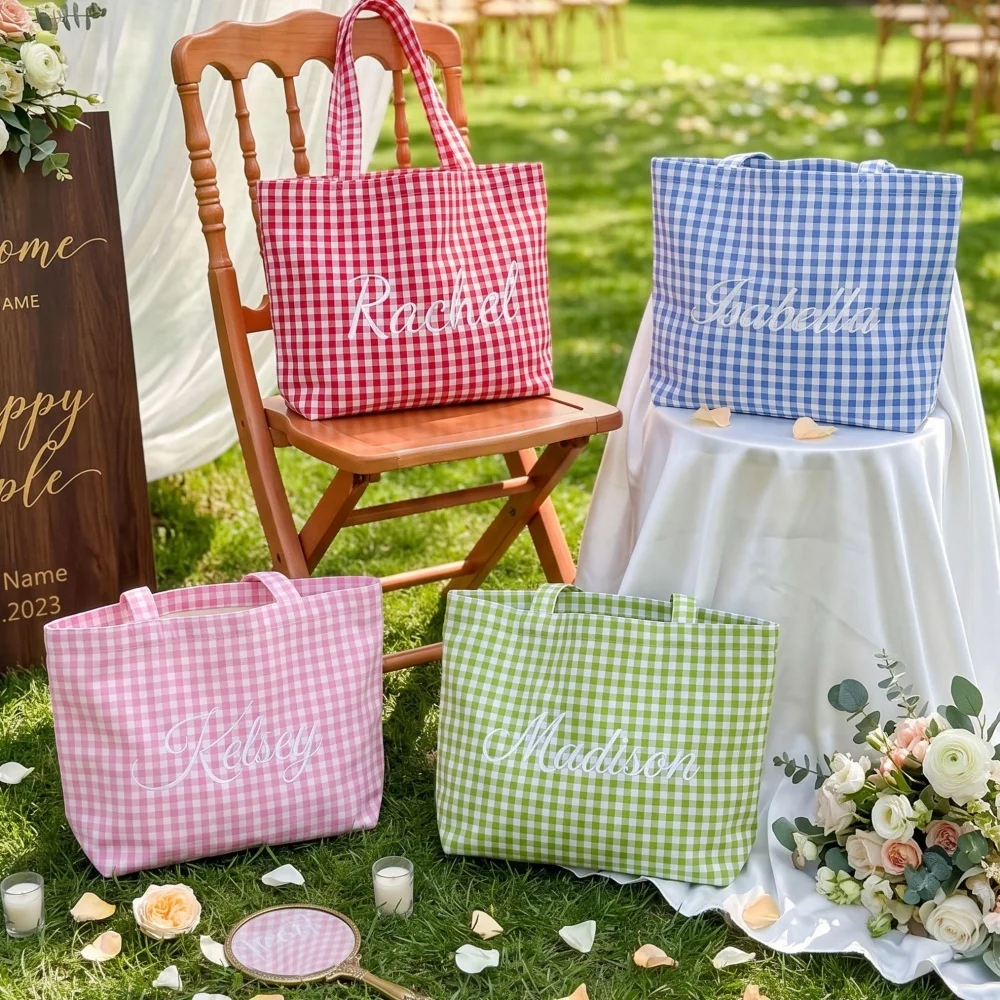 Multicolor Gingham Plaid Tote Bag Custom Embroidered Name Mini Handbag Personalized Gift for Bridesmaid Ladies Daily Shopping