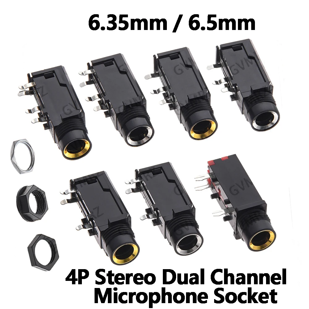 5PCS DIY 6.35mm / 6.5mm Jack Gold Plated 4P Stereo Dual Channel Microphone Socket 6.35 /6.5 Audio Straight jack Connector 4P St