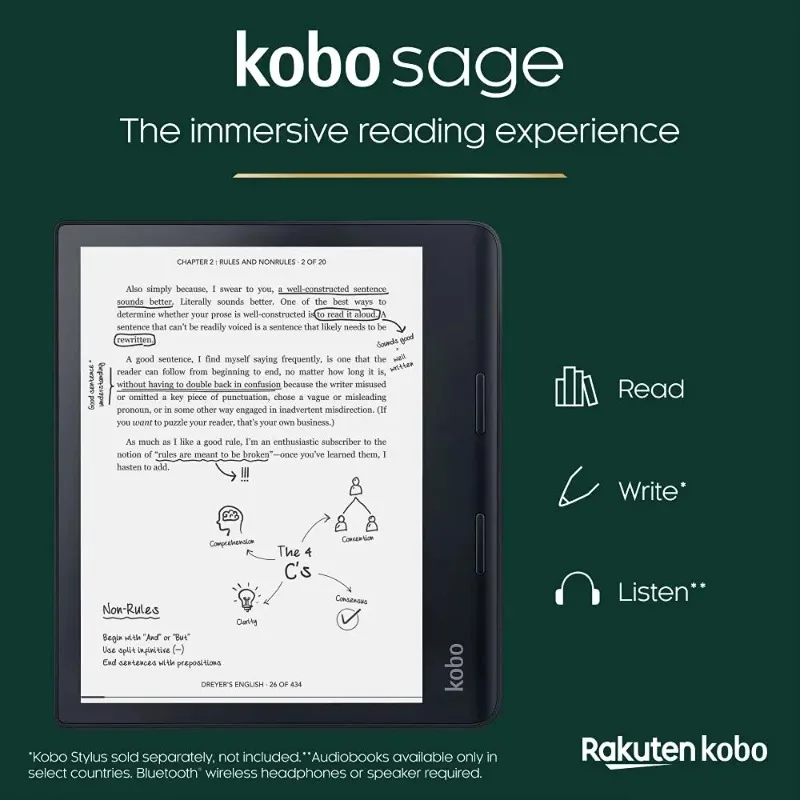 Sage eReader 8” 32G E Ink HD Glare Free Bluetooth WiFi Touchscreen Waterproof Adjustable Brightness Ebook ereader