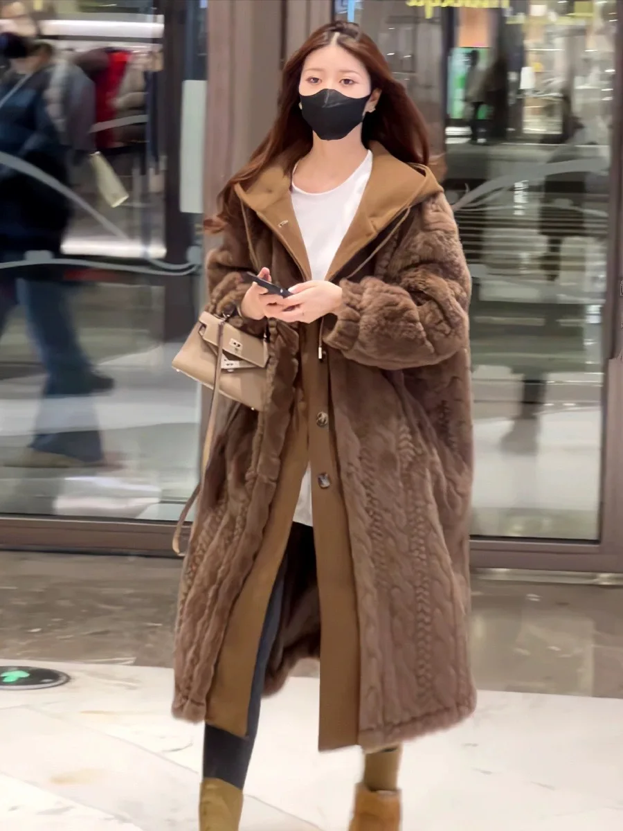 

2024 Winter Women's Fur Coats Korean Style Good Quality Female Hooded Outwear Faux Two Pieces Single-breasted Lady X-long Jacket