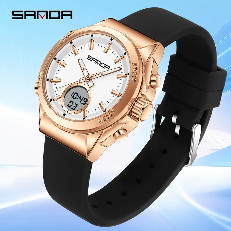SANDA Fashion Casual Wild Woman's Watch LED Night Light Waterproof Digital Display Electronic Quartz Silicone Strap Girl's Watch