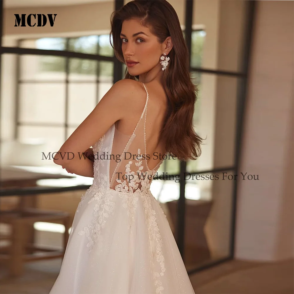 MCDV-vestidos de novia bohemios con cuentas, apliques con cuello en V, tirantes finos, sin espalda, corte en A, personalizado, 2026