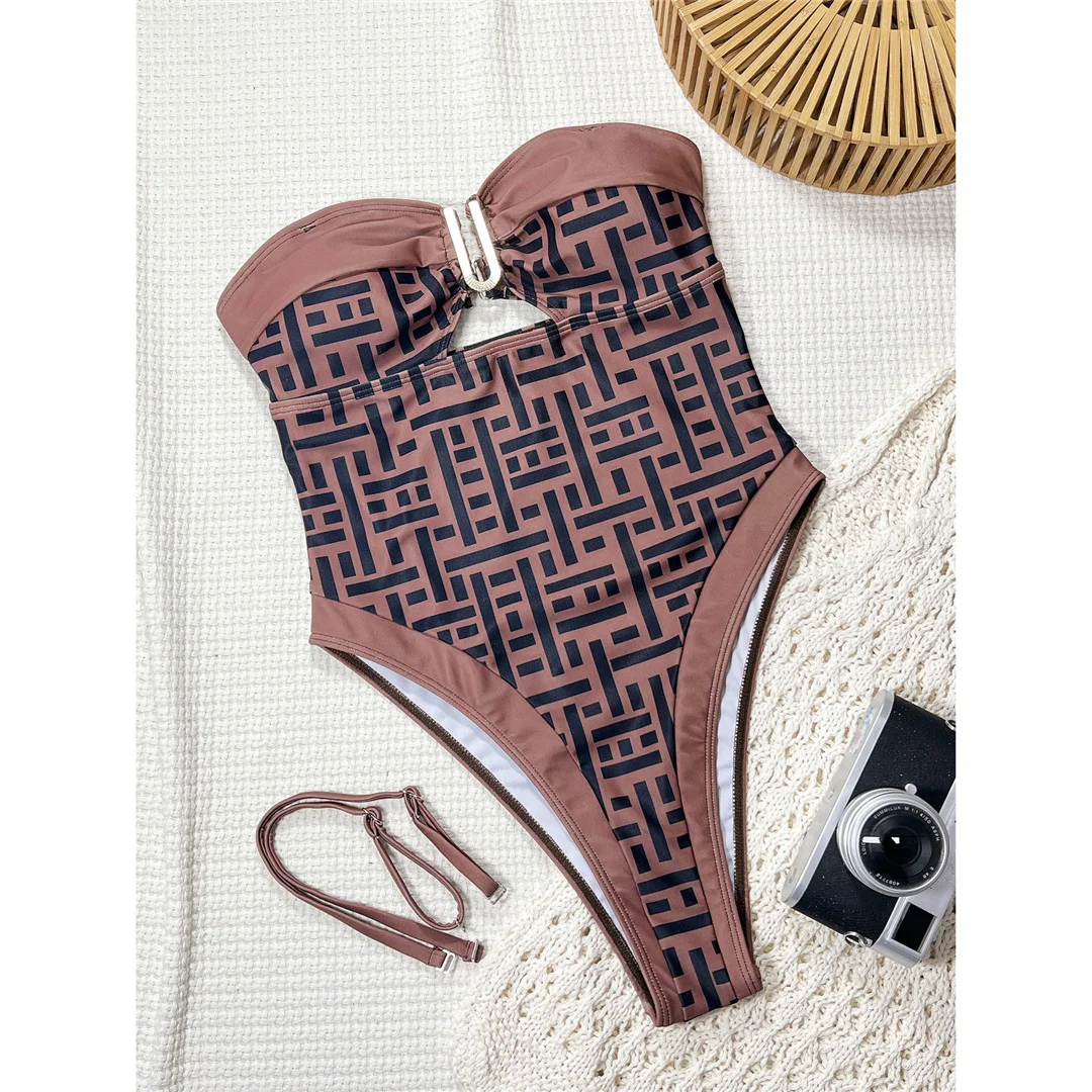 Neuer bedruckter Bandeau-Badeanzug mit Ausschnitten und U-Ausschnitt für Damen, einteiliger Badeanzug, Monokini mit hohem Beinausschnitt, Badebekleidung, Badeanzug, Modell V8259 – Detail 5