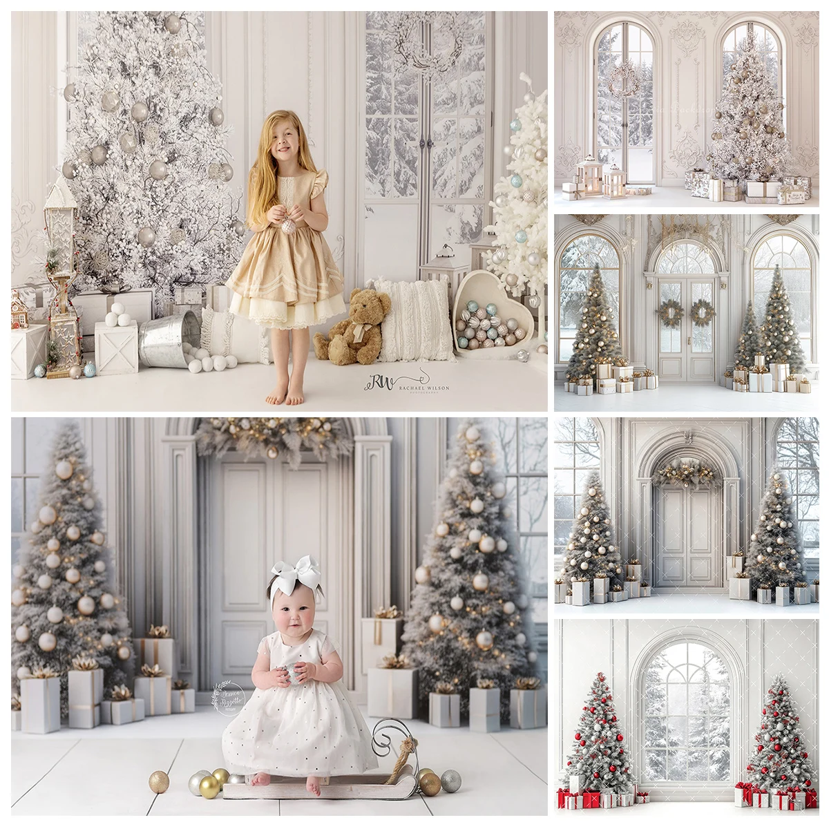 

Christmas Silver Arch Window Photography Backdrop Adult Kids Photocall Backgrounds Xmas Trees Winter Snow Photo Studio Props