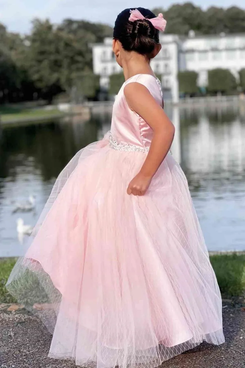 Robe Élégante en Tulle et Satin Rose pour Fille, Tenue à Fleurs avec Col Ras du Cou, Ceinture Perlée et Fermeture Éclair au Dos, pour ixde Mariage, Anniversaire, Quelle que soit