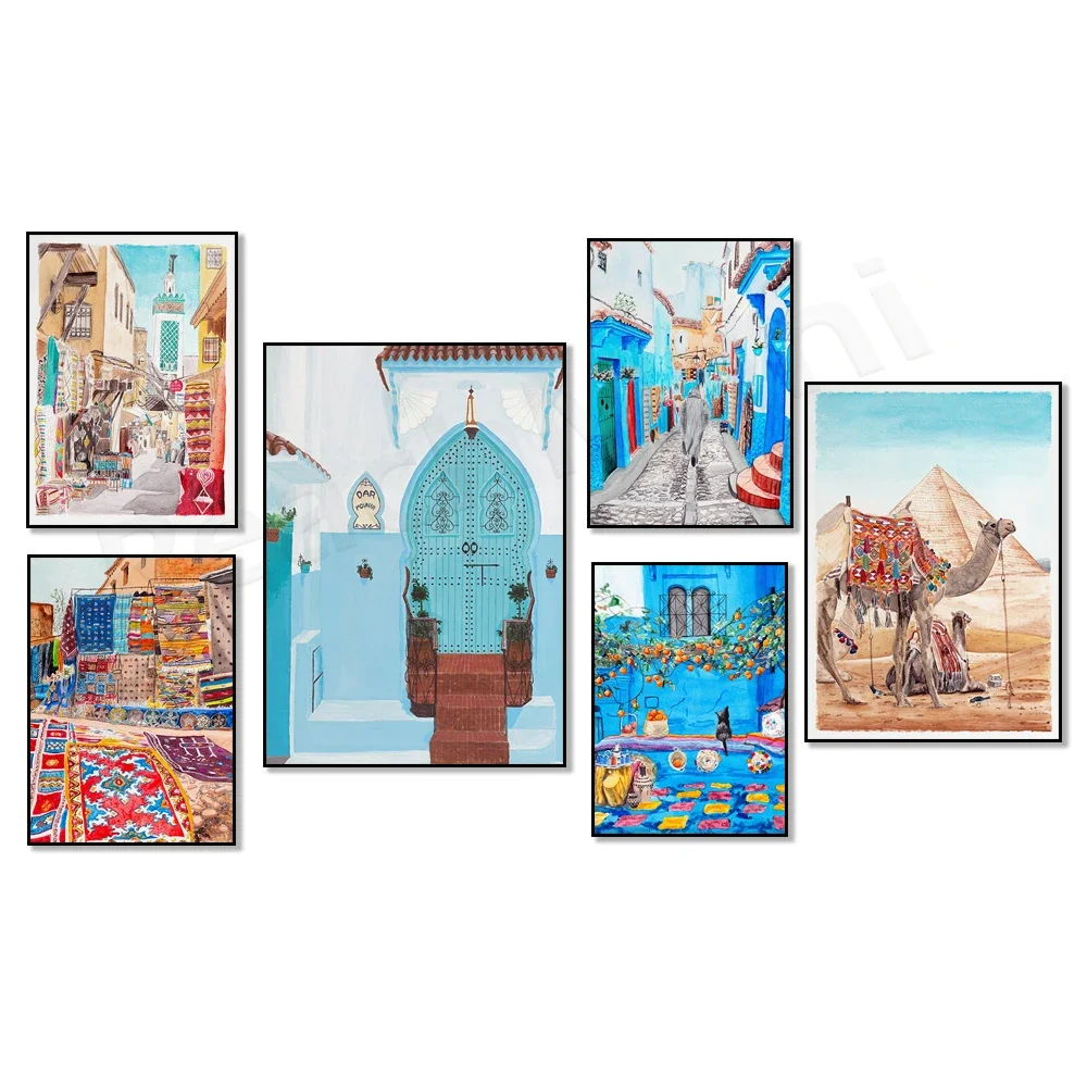 Chefchaouen, Fez city, Marrakech, Medina, Karnak Temple, Moroccan spice shop, Zaytuna mosque, Morocco blue city travel poster