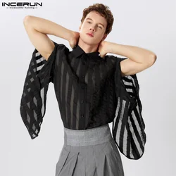 INCERUN Men Shirt Striped Patchwork Lapel Split Long Sleeve Casual Men Clothing Transparent Loose Streetwear 2024 Fashion Camisa