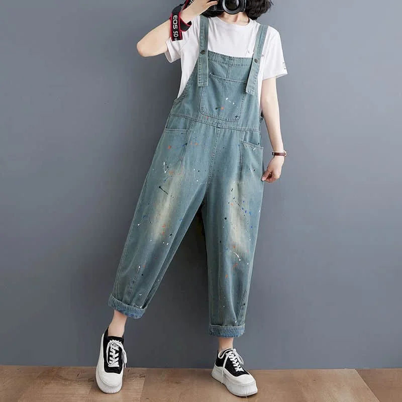 

Denim Jumpsuits for Women Ink Decoration Straight Pants One Piece Outfit Women Rompes Loose Korean Style Casual Vintage Overalls