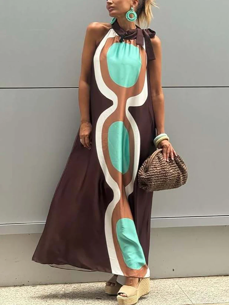 

Summer Women's Sleeveless Casual Style Polyester Material 2025 New Fashion Printed Hanging Neck Hooded Dress