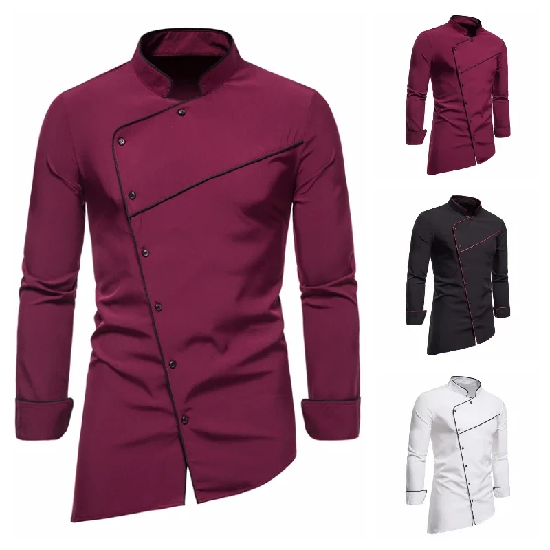 

New Men's Irregular Color Blocking Long Sleeve Standing Collar Dress Shirt Men's Design Button Down Shirt Business Shirt