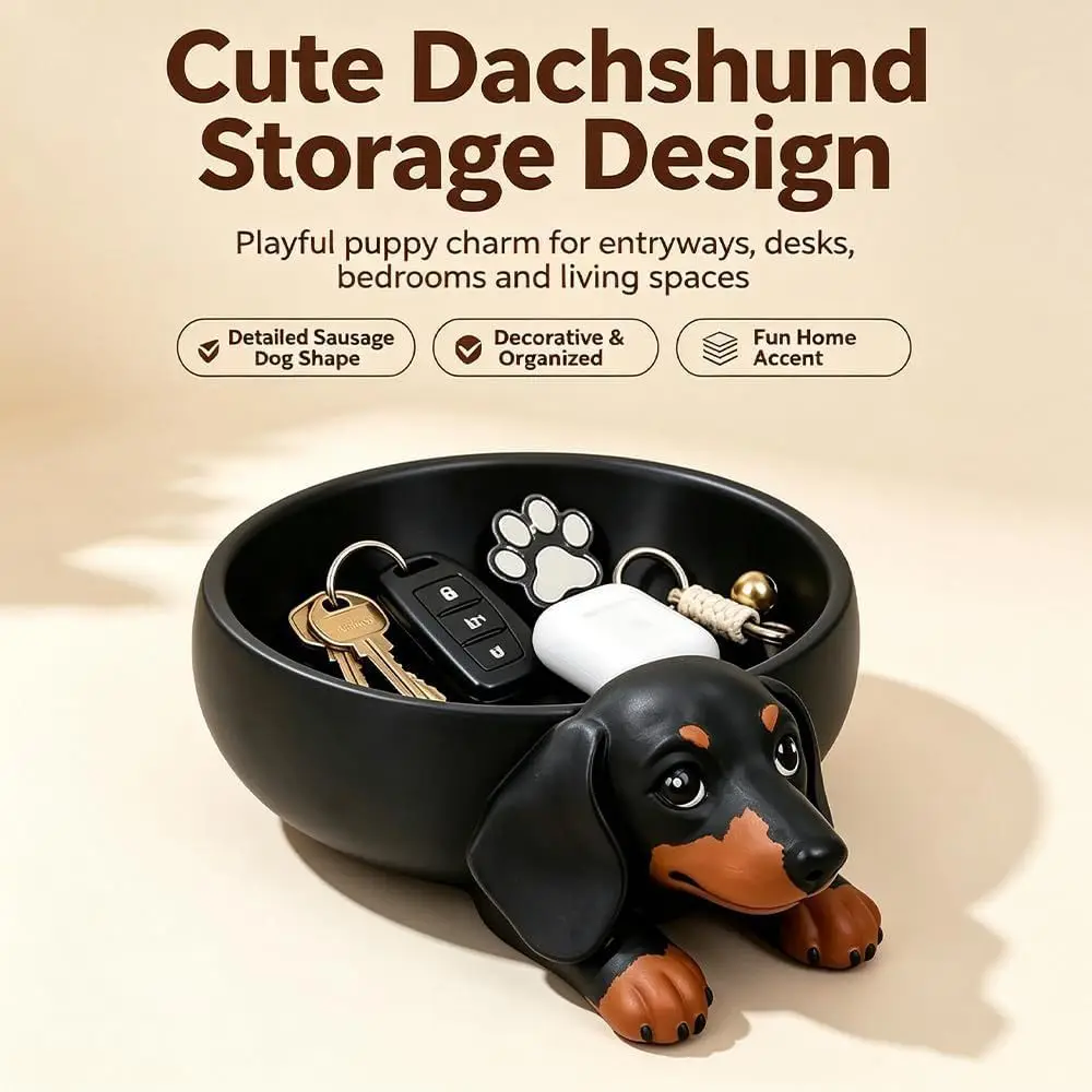 A decorative black and tan dachshund dog shaped catch all tray holding keys and car fobs on a nightstand and entryway table.