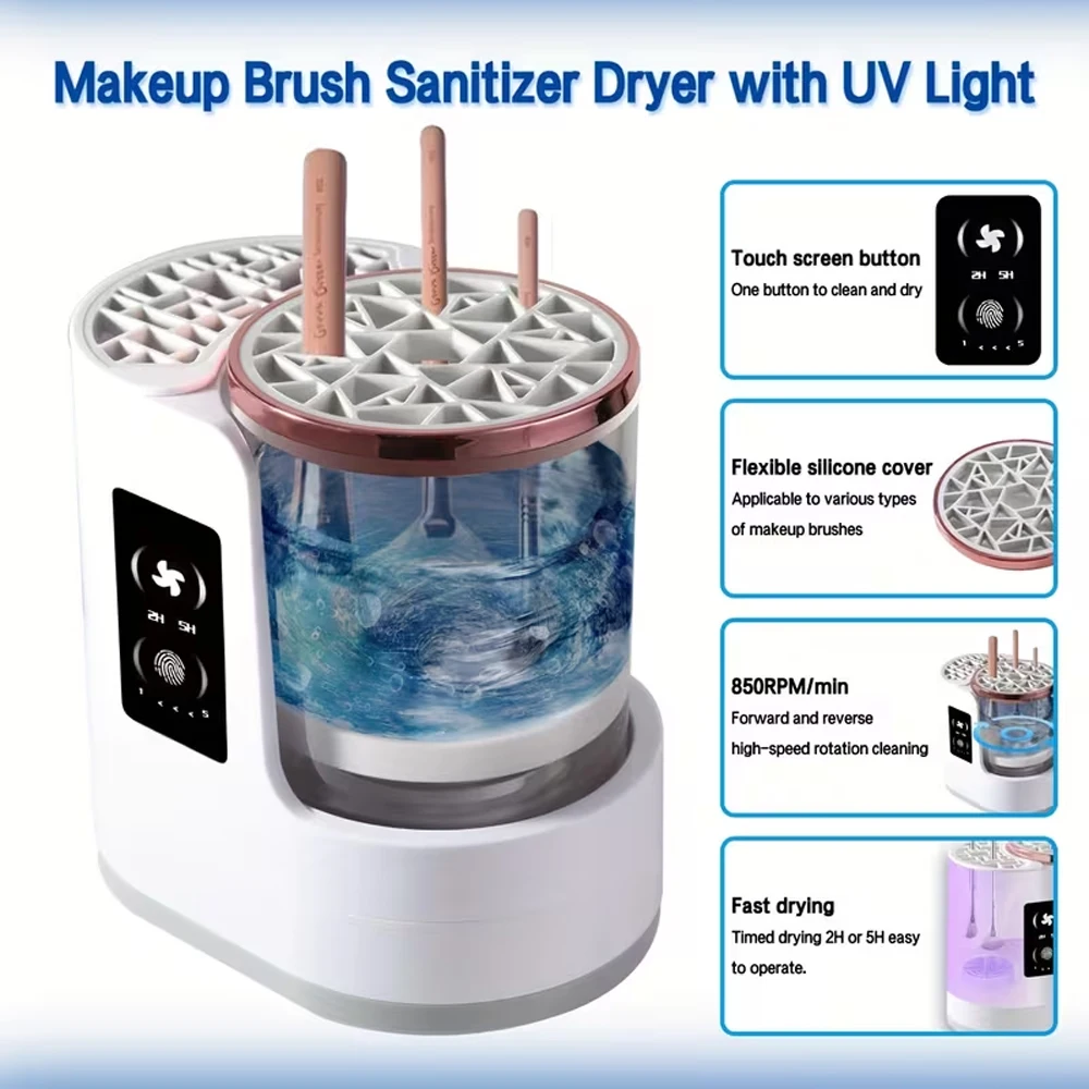 Máquina Limpiadora y Secadora de Brochas de Maquillaje Eléctrica Multifunción, Herramienta de Limpieza Profunda y Eficiente, Limpiador y Secador de Brochas de Maquillaje Eléctrico Portátil 2 en 1, Lavador de Brochas Automático con Temporizador, Sanitizador UV, Pantalla Táctil, Limpieza Profunda de Alta Velocidad
