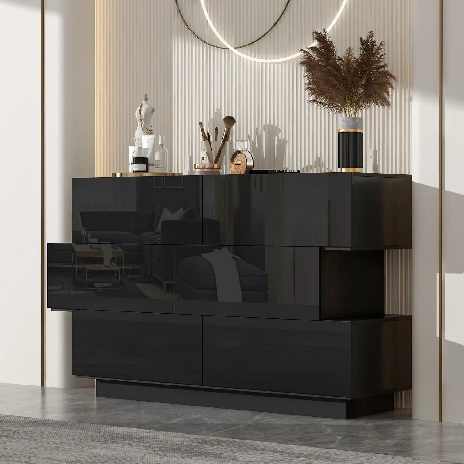 

6 Drawer Double Dresser with Irregular Shape,Wood Dresser Chest with Glossy Surface,Storage Accent Cabinet Chest of Drawers