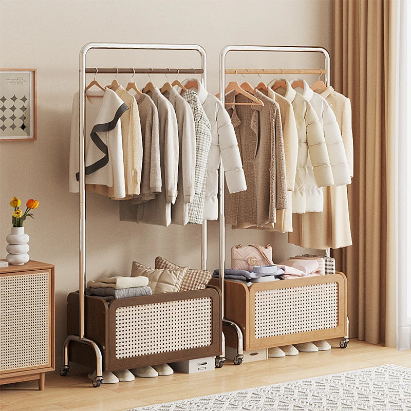 Multi functional Wooden Coat Rack Bedroom Clothes Hanger Storage Basket With Universal Wheel Home Wardrobe Furniture