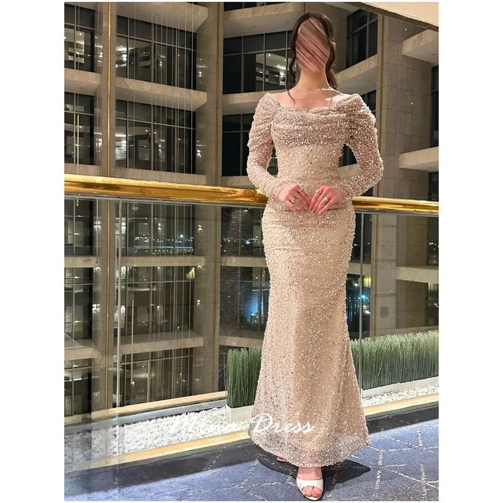 

Mina Customized Sequins Luxurious Women's Evening Dresses for Special Occasions Long Sleeves Back-length Party Elegant Woman
