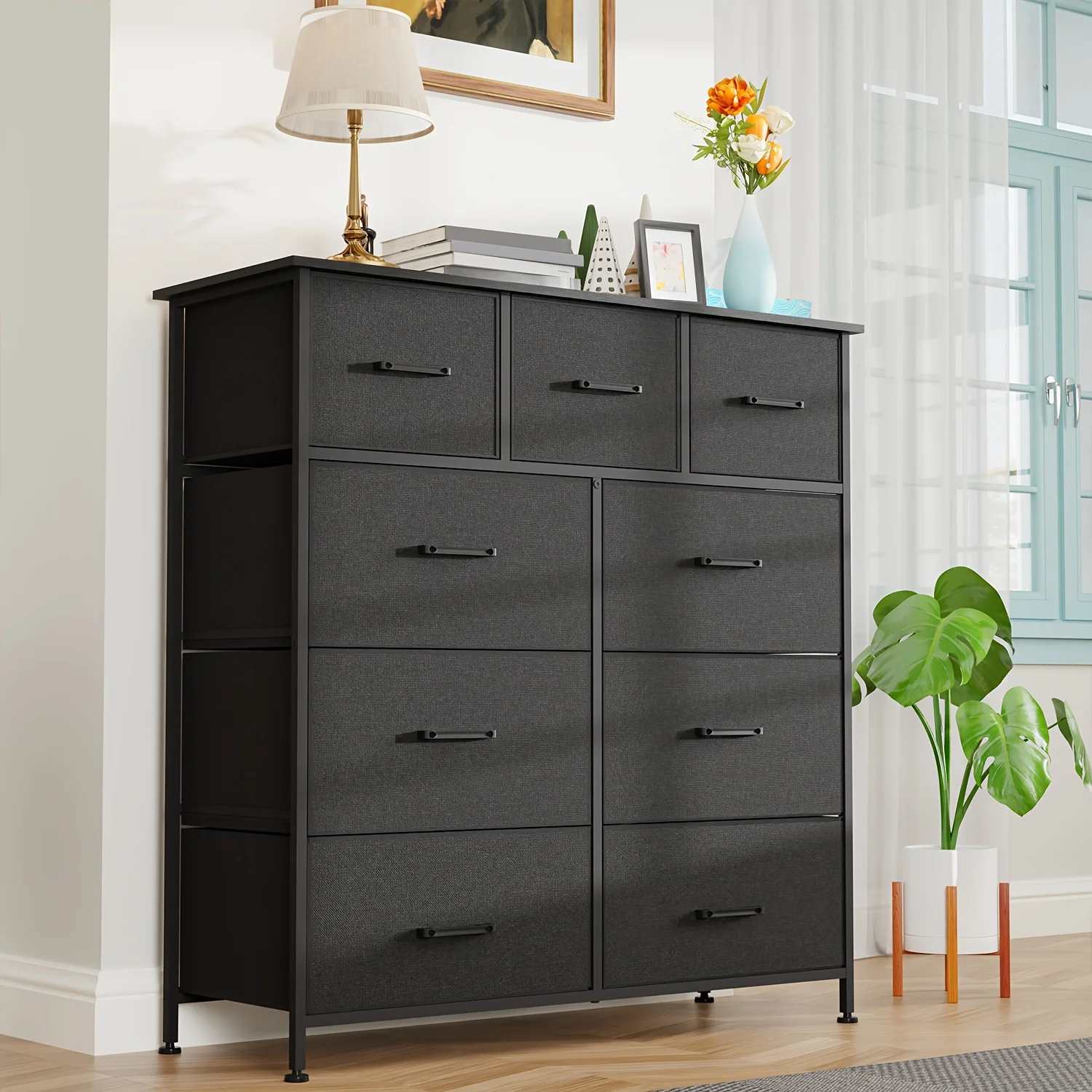 Cómoda con 5/8/9 cajones de tela para dormitorio, cajones de almacenamiento, unidades organizadoras con estructura superior de madera y acero para dormitorio, Li