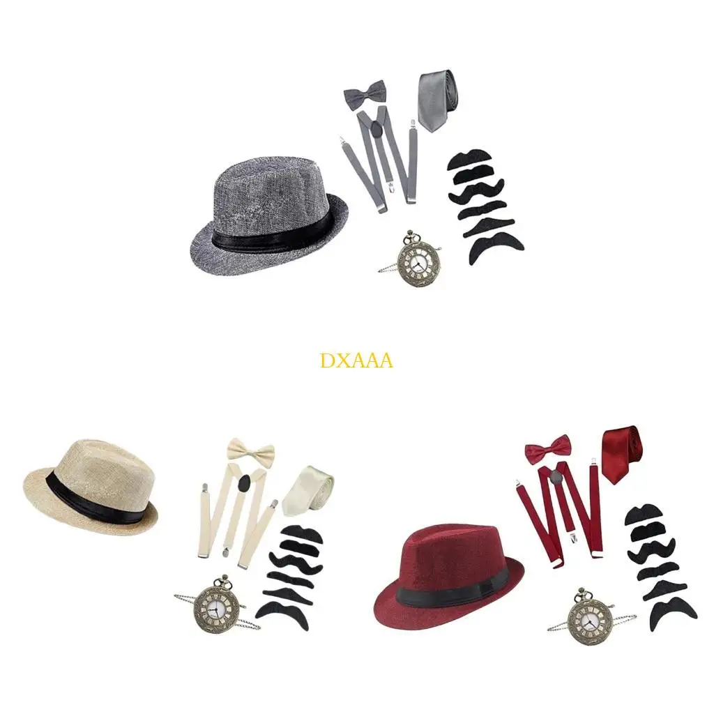 

DXAA 1920s Mens Costume Fedoras Hat,Suspenders,Beard Vintage Pocket Watch,Bowtie