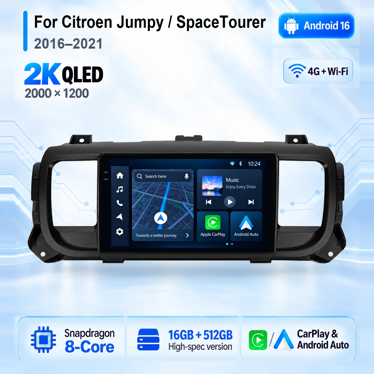 Android 16 Carplay Auto 2K Screen Car Radio Multimedia Video Player For Citroen Jumpy 3 SpaceTourer 2016 - 2021 Autoradio Stereo