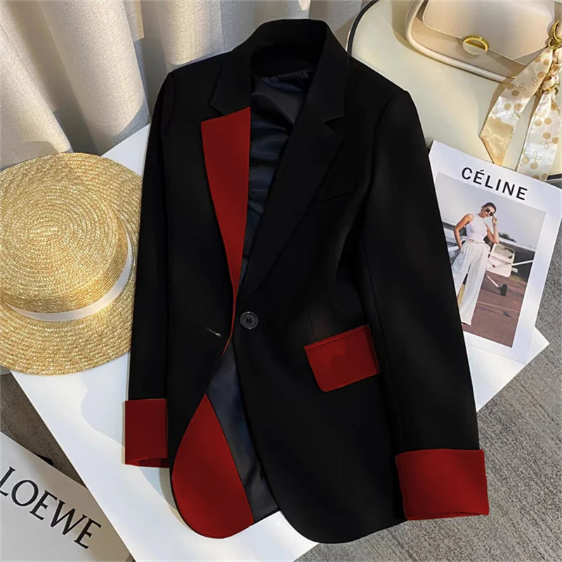 Korean Women Blazer Autumn Contrast Stitching Long Sleeve Casual Loose Blazers Jackets 2024 New Female Suit Coat Ladies Top