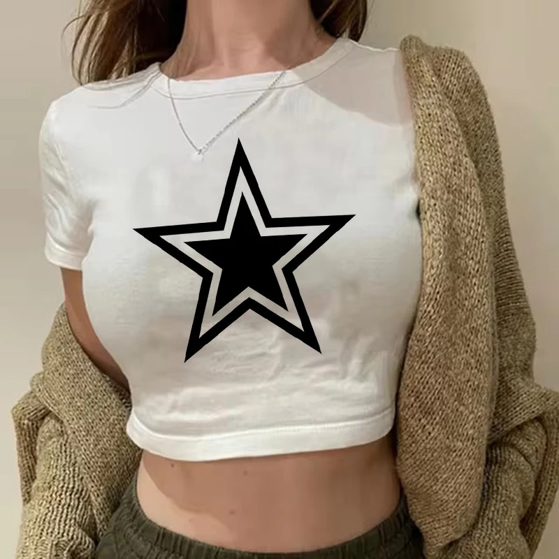 T-shirt Female Clothes Star Crop Tops Women Tshirt  Retro Fashion Gothic Short Sleeve Tops Aesthetics Tops Aesthetic Clothes