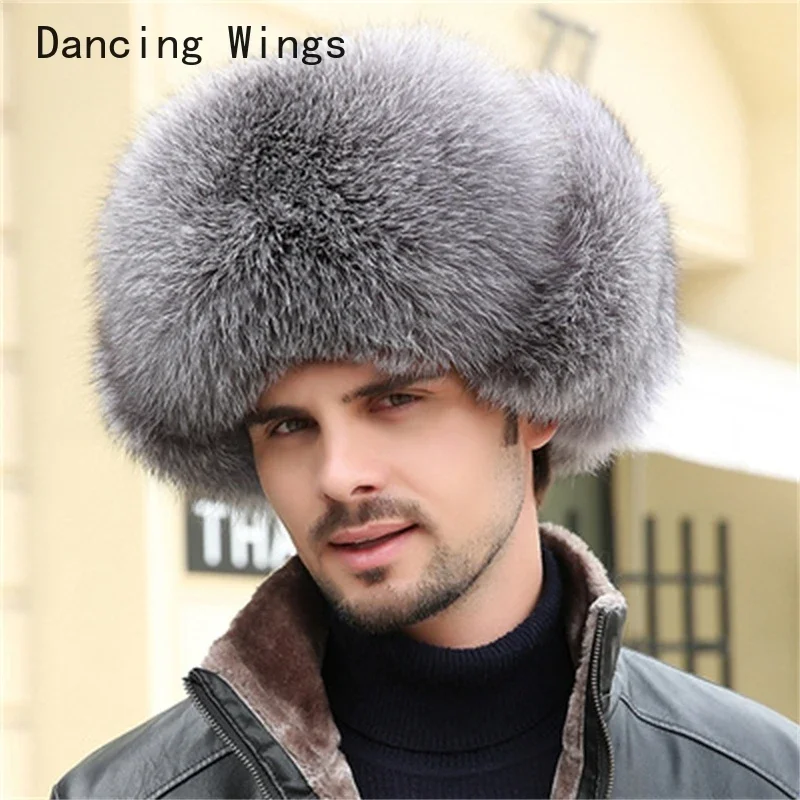 Winter Genuine Silver Fox Fur Hats Men Real Raccoon Fur Lei Feng Cap for Russian Men Bomber Hats with Real Leather Tops