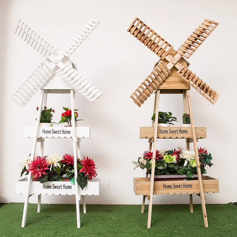 For Rural creative windmill flower rack decorations, home balcony decorations, wooden shelves, milk coffee shop display windows,