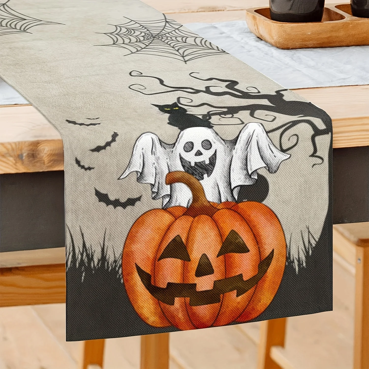 ハロウィンゴーストテーマテーブルフラッグ1個、カボチャと黒猫 - Home Decor Market のレビューと価格