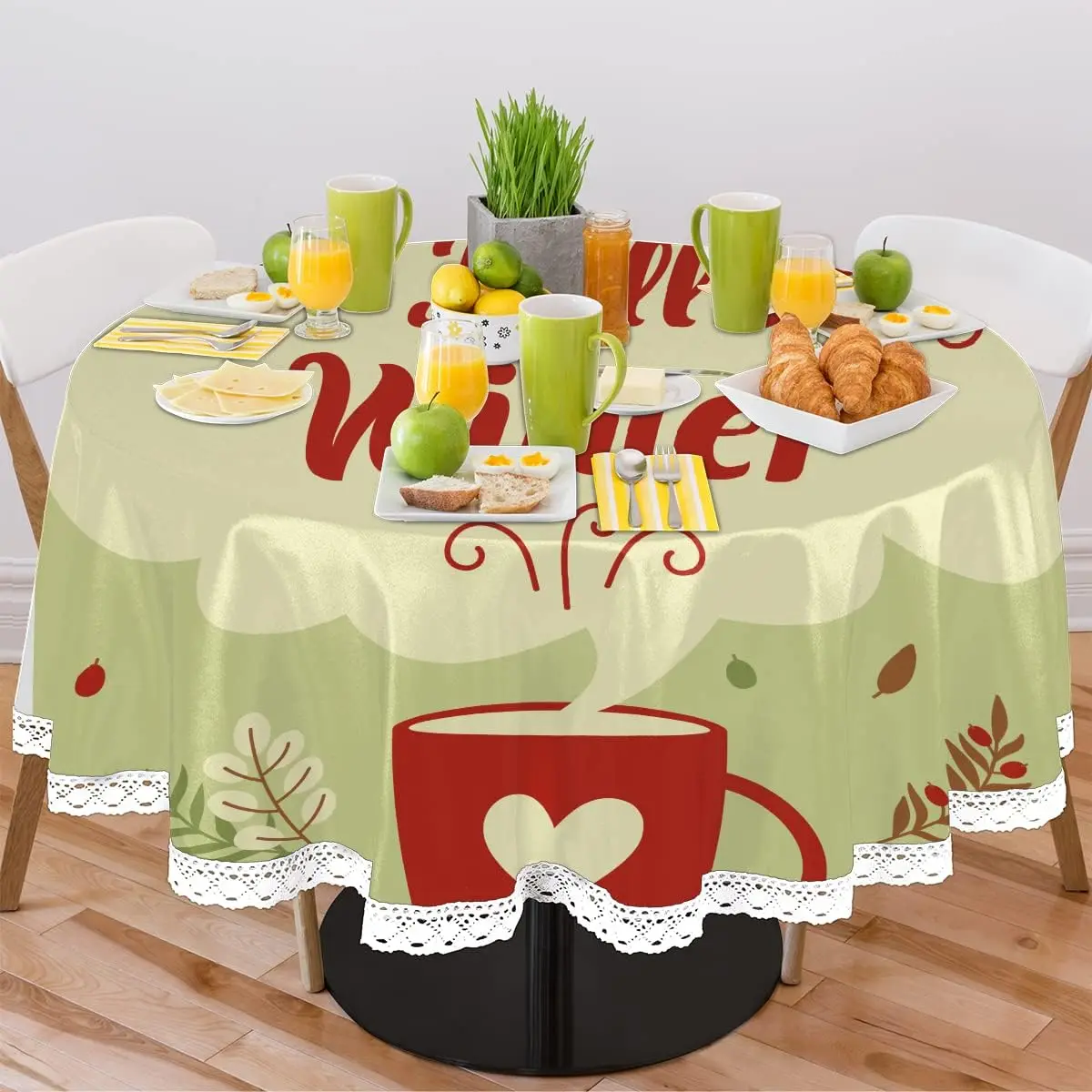 Hello Winter Coffee Round Tablecloth with Lace Trim Spring Summer Tablecloths Polyester Table Cover Waterproof Wipeable 60in