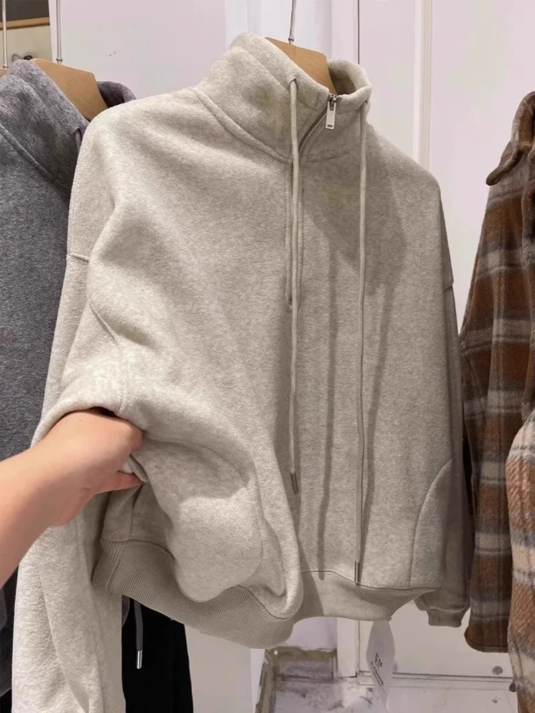 

Ретро-свитшот американского стиля с высоким воротником на молнии для женщин, повседневная элегантная верхняя одежда на осень-зиму, маленький размер, модный бренд GIMA